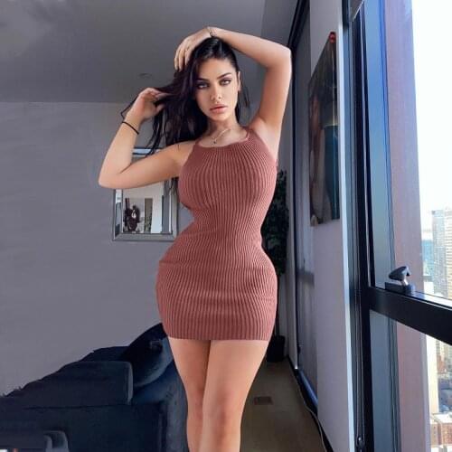 BKLD Fashion 2021 Spring New Women Clothing Solid Color Brown Slim Knitted Sleeveless Bodycon Spaghetti Strap Dress Club Wear