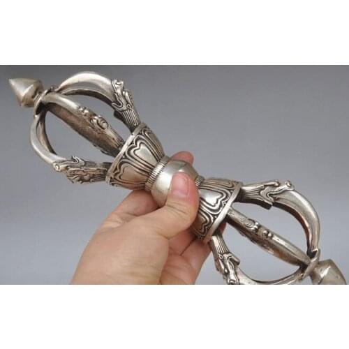 DECORATION BRONZE FACTORY OUTLETS TIBET SILVER 9"OLD TIBET BUDDHISM SILVER DRAGON HEAD EXORCISM DORJE PHURPA PESTLE VAJRA ADDER