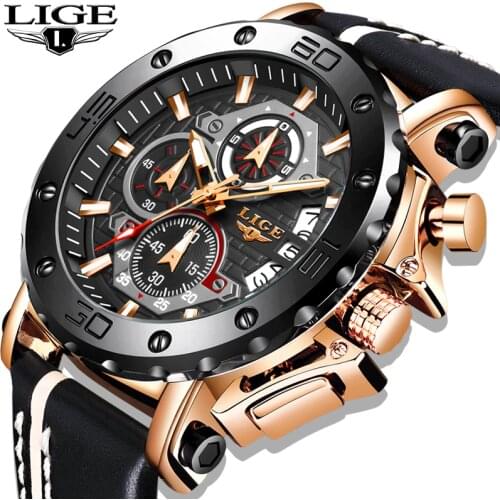 2020LIGE New Fashion Mens Watches Top Brand Luxury Big Dial Military Quartz Watch Leather Waterproof Sport Chronograph Watch Men