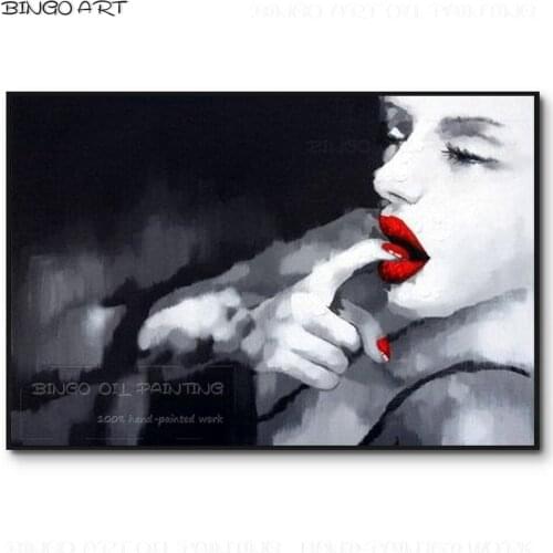 Black and White Design Sexy Woman and Red Lips Oil Painting Hand-painted Sexy Wall Art Hot Ladys Lips Oil Painting for Wall Art
