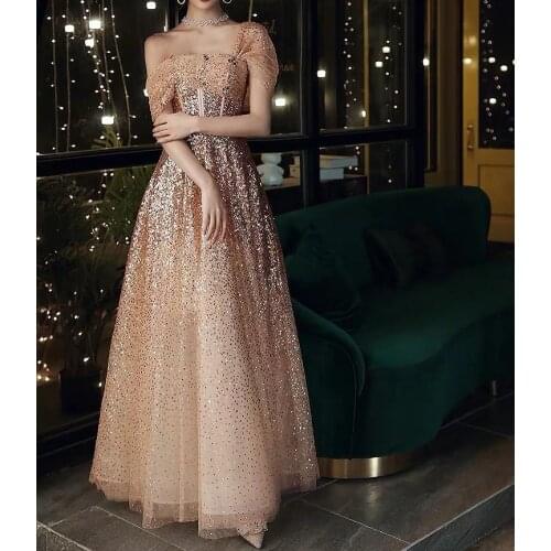 Gold Off The Shoulder Prom Dresses Boat Neck Luxury Sequins Elegant New A-Line Long Backless Simple Formal Party Prom Gowns New