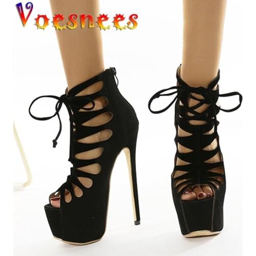 Voesnees Classic Black Suede Sandals Sexy Hollow Out Vamp Cross Frenulum High Heel Shoes Platform Summer 16CM Model Women Shoes