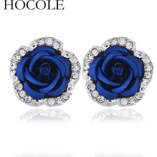HOCOLE Classic Rhinestone Crystal Flower Stud Earrings Romantic Red Black Blue Rose Flower Earring For Women Jewelry Bijoux Gift