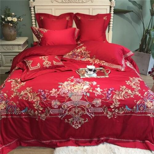 Luxury 100S Egyptian cotton Embroidered Flower Bedding sets Queen King Red Wedding Duvet cover Bed sheet set Pillowcases 4/6pcs