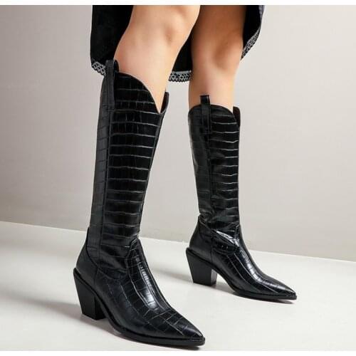 Western Boots Women Knee High Cowboy Boots Fashion Pointed Toe Sewing Shoes Female High Heels Thick Shoes Ladies Autumn boots