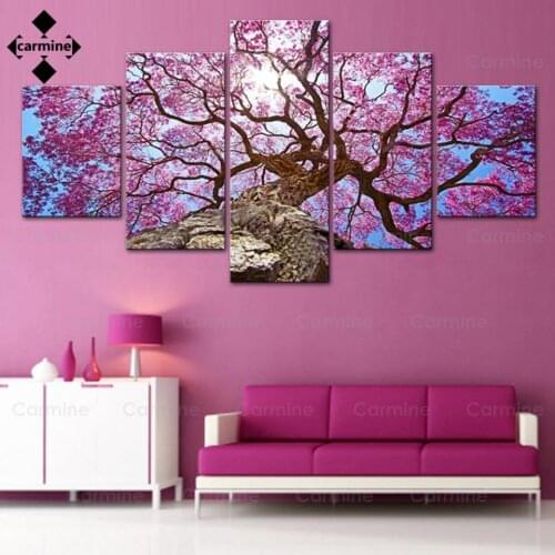 Beautiful Pink Cherry Tree Wall Art Picture 5 Pieces Canvas Painting Modern Style Poster and Print Nordic Picture for Home Decor