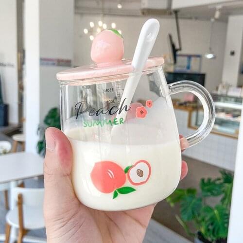 400ML Korean Scale Milk Mug Cute Peach Glass Breakfast Mugs Ceramic Lid Spoon with Handle Lady Flower Tea Cups
