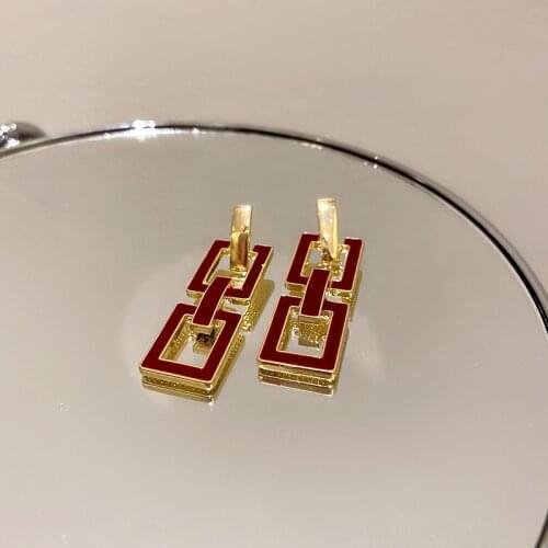 Minar Temperament Rectangle Hollow Link Earrings for Women 2021 Burgundy Color Enamel Chain Long Dangle Earrings Party Jewelry