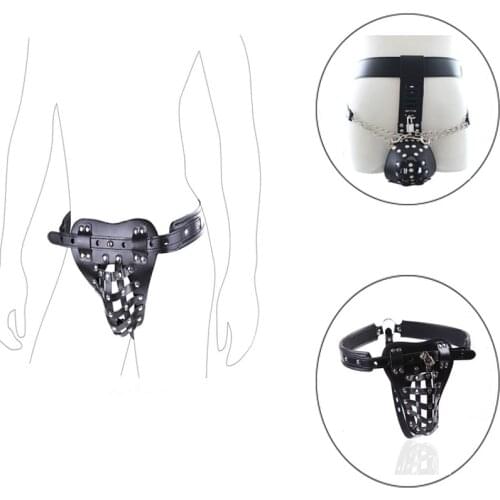 Men Chastity Belt Lock Shorts Sexy Panties PU Leather Thongs Pants Restraint Bondage BDSM Lingerie Briefs Underwear with Chain