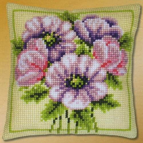 DIY Cross Stitch Cushion Cover Flowers Bouquet Needlepoint Kit Printed Canvas Chunky Yarn Cross-stitch Pillow Case Arts & Crafts