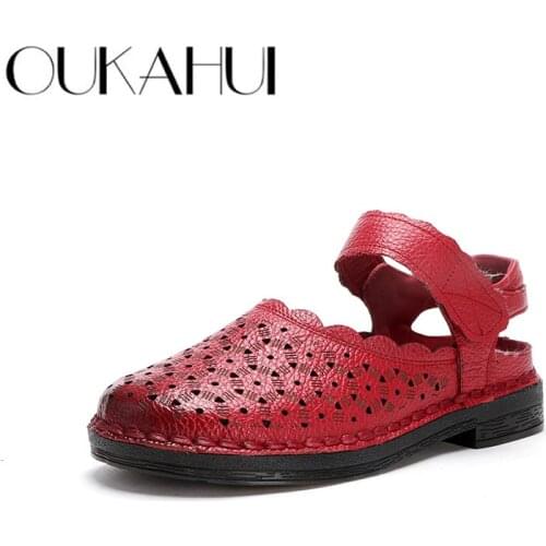 OUKAHUI 2020 Summer New Genuine Leather Flat Sandals Women Breathable Hollow Out Low Heel Summer Shoes Woman Soft Ladies Sandals