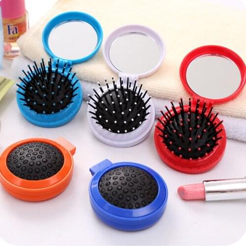 1PC Plastic Folding Hair Brush Included Cosmetic Mirror Compact Air Bag Comb Scalp Massager Pocket Size Travel Comb Beauty Tools