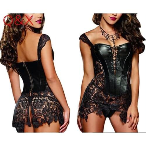 D1 2017 S-6XL Plus Size Sexy Lingerie Women Black Faux Leather and Lace Burlesque Steampunk Corset Dress Gothic Bustier Corset