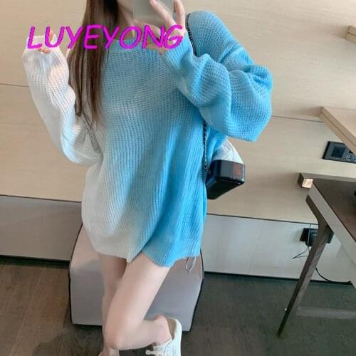 Autumn Korean Knitted Top Women O Neck Long Sleeve Sweet Sweaters Elegant Y2k Girl Gradient Green Blue Pullover Loose Sweater