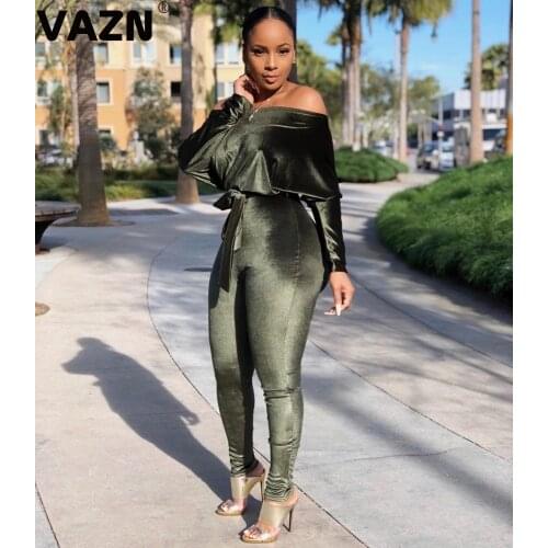 VAZN Top design 2020 sexy lady spring 3 colors velour solid jumpsuit full sleeve skew neck jumpsuit office lady popular jumpsuit