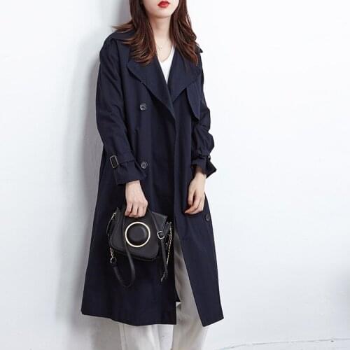 Dark blue windbreaker female 2020 autumn womens coat new loose suit collar long coat over the knee long trench coat