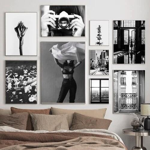 Vintage Paris Window Camera Flowers Woman Nordic Posters And Prints Wall Art Canvas Painting Wall Pictures For Living Room Decor