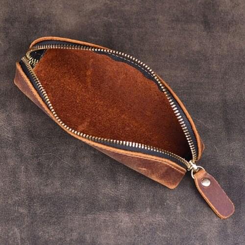 Handmade Genuine Leather Pencil Bag Vintage Cowhide Zipper Pen Case School Bag 20CA