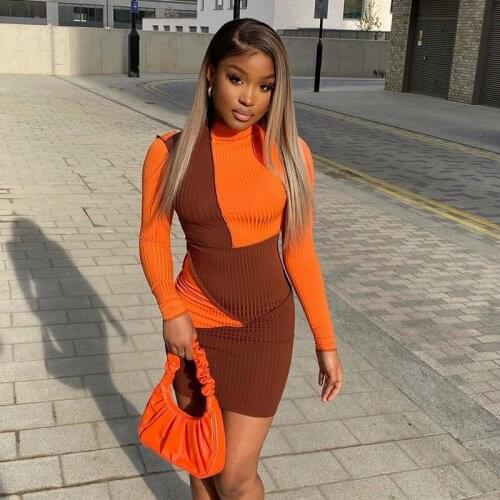 Imcute Geometric Print Knitting Mini Long Sleeve Dress Women Sexy Hipster O Neck Bodycon Dresses Vintage Fashion Clubwear 2021