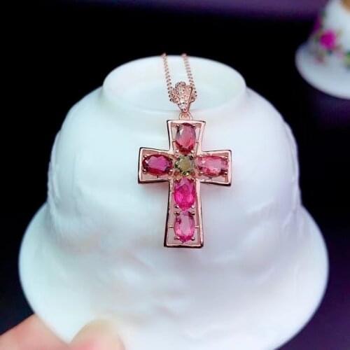 CoLife Jewelry Vintage Cross Pendant for Daily Wear Natural Tourmaline Pendant 925 Silver Tourmaline Jewelry Gift for Mother