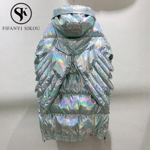 2020 Women Winter Jacket Thick Warm Parka Coat Glossy Hooded Long Down Jackets Detachable Wing Fashion Lady White Duck Down Coat