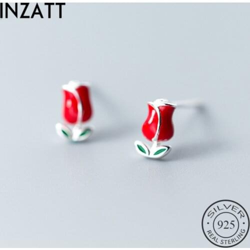 INZATT Real 925 Sterling Silver Romantic Stud Earrings Red Enamel Rose Flower For Women Wedding Fashion Jewelry Cute Bijoux Gift