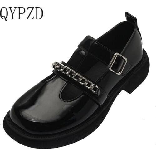 Women Thick Platform Flat Shoes Black Pu Leather Metal Decoration Buckle Strap Non Slip Round Toe Retro Ladies Shoes Female