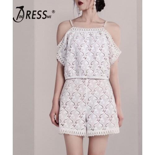INDRESSME 2019 New Women Two Pieces Set Lace Off the shoulder Top With Shorts Pearl Straps Sexy Fashion Set