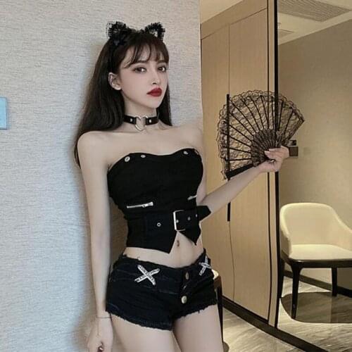 New Chic Gothic Streetwear Sexy Punk Summer Crop Tank Tops Women Gothic Streetwear+Fashion Black Shorts Hot Two Piece Suit 2021