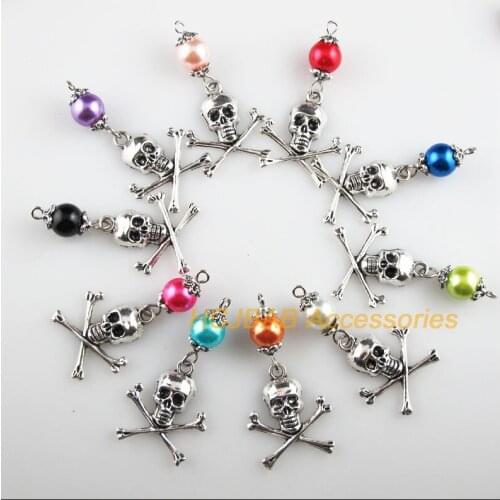 10 New Halloween Skull Charms Mixed Glass Beads Pendants Tibetan Silver 21x41mm