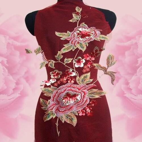 33*57cm large peony flower embroidery paillette applique on red mesh fabric for classic clothing and accessery DIY