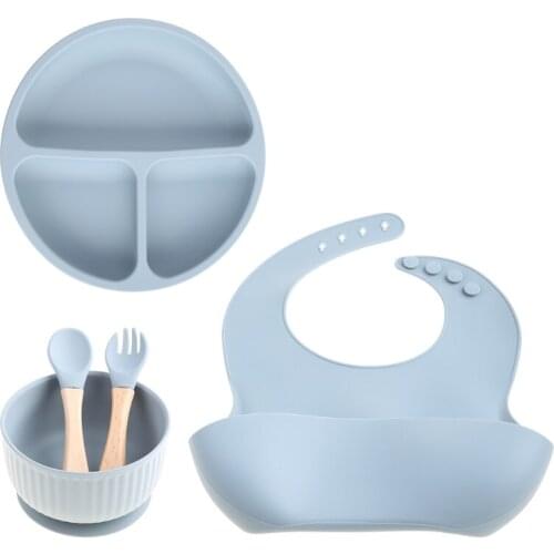 5PCS/Set Baby Feeding Tableware BPA Free Food Grade Silicone Bowl Bib Placemat Fork Spoon Feeding Set Baby Supplies