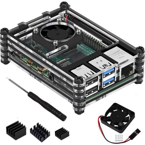 2019 New Acrylic Transparent/Clear & Black Case Cover for Raspberry Pi 4 Model B with Cooling Fan and Heatsink