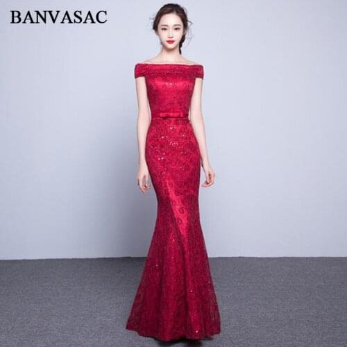 BANVASAC Sequined Boat Neck Bow Sash Mermaid Long Evening Dresses Vintage 2018 Party Lace Embroidery Prom Gowns