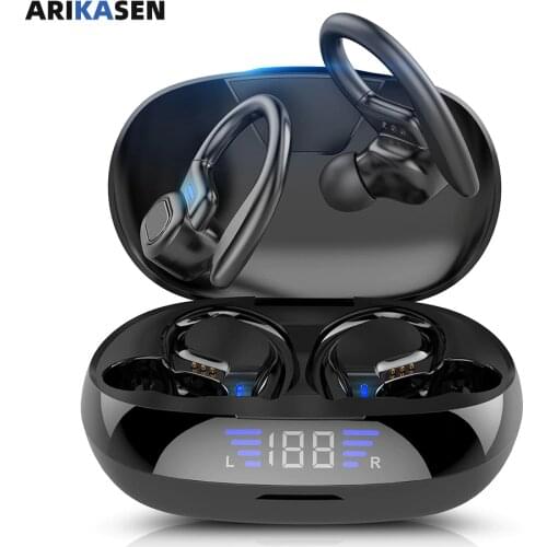 Arikasen Bluetooth earphones TWS Bluetooth 5.0 true wireless earbuds with earhook LED Charging case microphone Sport headphones