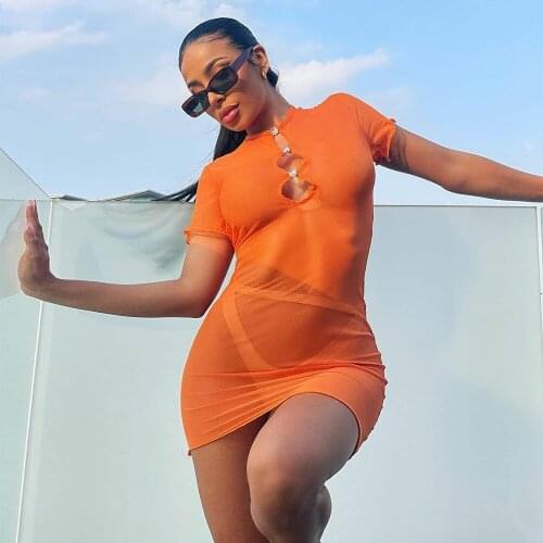 BKLD 2021 Summer New Sexy Club Outfits Hollow Out See-Through Bodycon Dress Orange Short Sleeve Round Neck Women Clothing