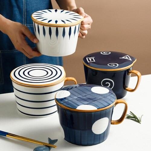 Large Capacity Japanese Hand drawn pattern Ceramic Bowl With Lid Household Single Handle Soup Bowl Convenient And Cute