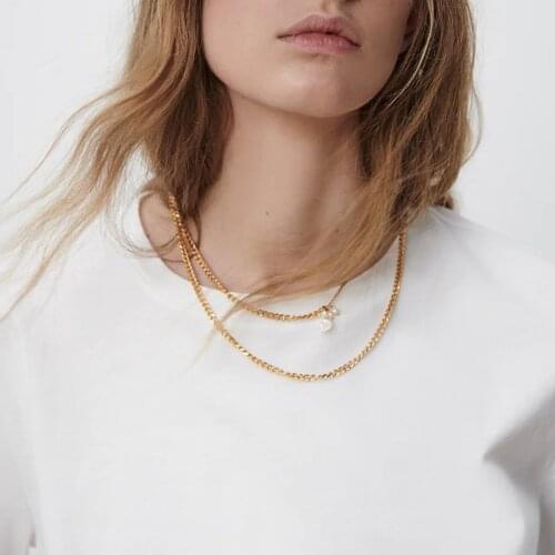ZA Vintage Statement Long Gold Metal Chain Layered Necklace Women New Gothic Pearl Alloy Pendant Necklace Jewelry Gifts