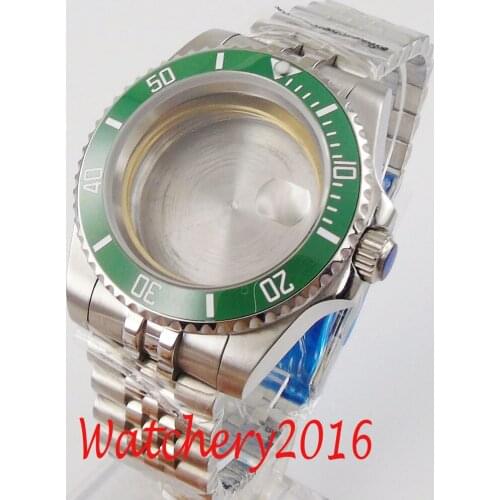 BLIGER Sub Steel 40mm Watch Case fit for ETA 2836 MIYOTA 8215 Sapphire Glass Jubilee Bracelet Seeing/Mental Back Green Insert