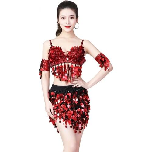 Girls Cheerleaders Clothes Party Outfit Nightclub Wear DJ Performance Sequins Belly Dance Costume Set 3PCS (Bra Skirt Armbands)