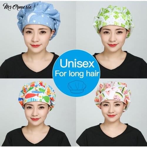 Breathable Pure cotton Floral cartoon printing adjustable Scrub cap pet shop spa work hats beauty salon Scrub fluffy Caps Custom