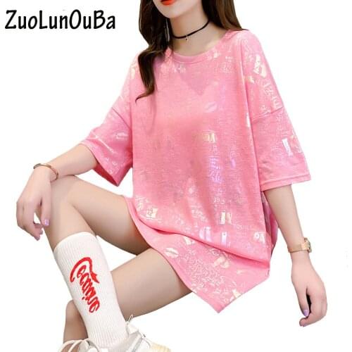 ZuoLunOuBa Summer T-shirt Womens Clothes Fashion Pink Letters Harajuku Loose Short Sleeved Round Neck Mid Length Tees Tops