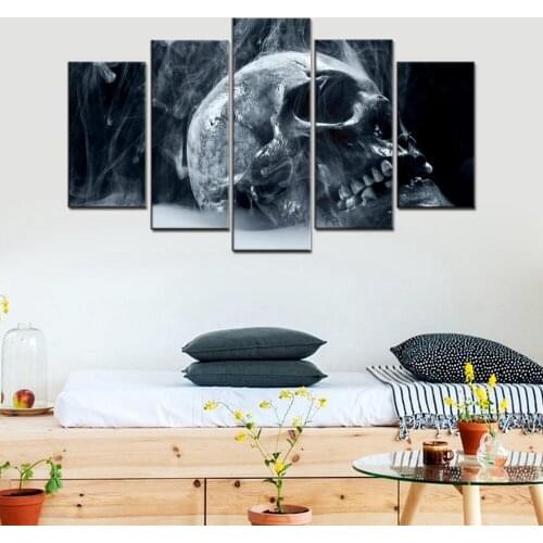 Smoking Skull Head Still Life Canvas Printed 5 Panels Grey Artwork Painting for Bedroom House Wall Decor Abstract Home Wall Art