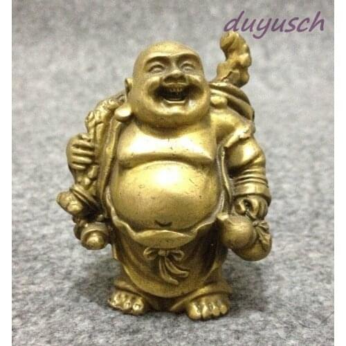 Chinese Buddhism Brass Gourd Bag Happy Laughing Maitreya Stand Buddha Statue