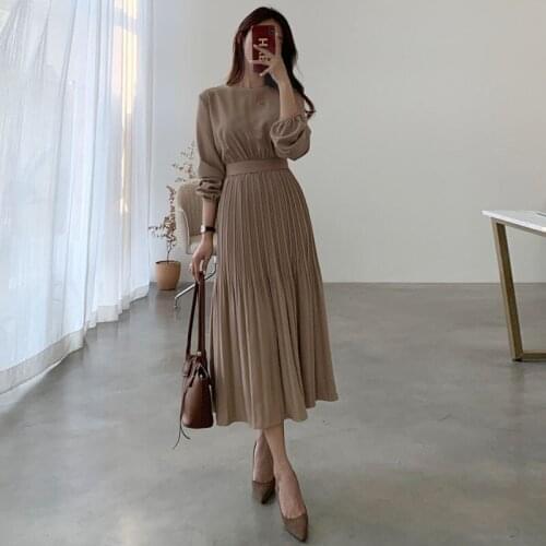 Korean One-Piece Fashion Ladies Dress 2021 Spring Fall WomenS Round Neck Long Sleeve Pullover Pleated Pure Color Casual Dresses
