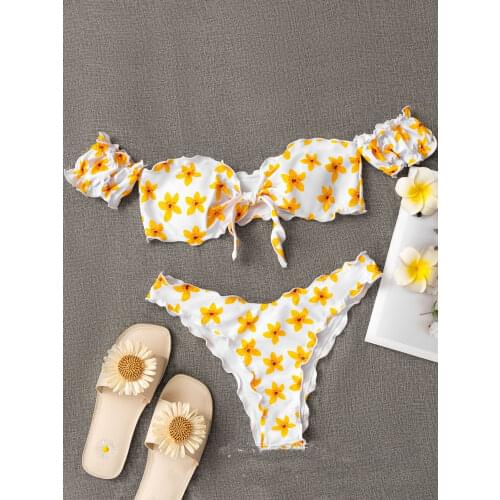 Summer Designer Stringy Selvedge Backless Sexy Floral Printed Swimwear Bikini Casual Thong Bathing Suit Beachwear