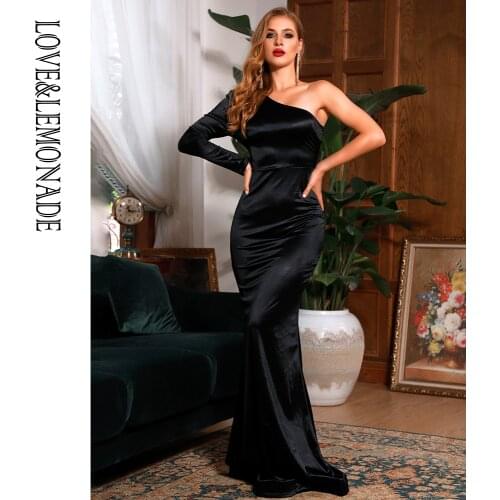 LOVE&LEMONADE Sexy Black Leaky Shoulder Single Sleeve Bodycon Elastic Wedding Maxi Dress LM82472-2