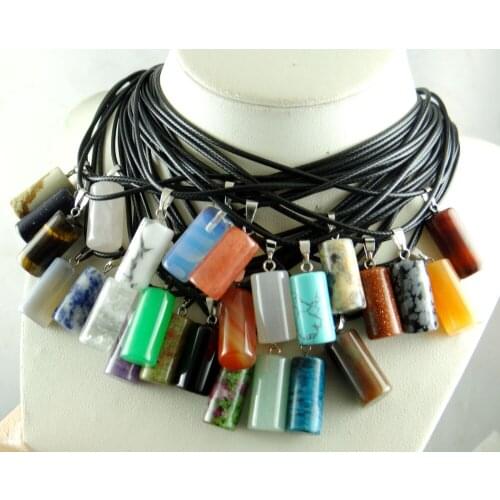 Natural stone Crystal tiger eye Opal Mix agates cylinder beads Pendants bead Leather Chains Necklace Women charm Fashion Jewelry