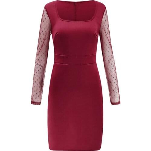 New Sexy Women Square Neck Dress Sheer Mesh Long Sleeve Pencil Dress High Waist Bodycon Party Bandage Midi Dress 2019 Clubwear