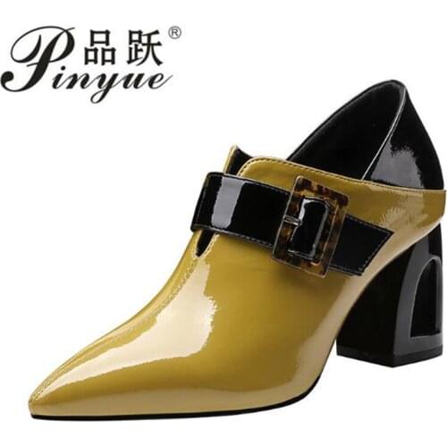 Fall Single Shoes Woman High Heels Women Pumps Square toe Leopard Pattern Buckle Thick Heel British Female Patent Leather